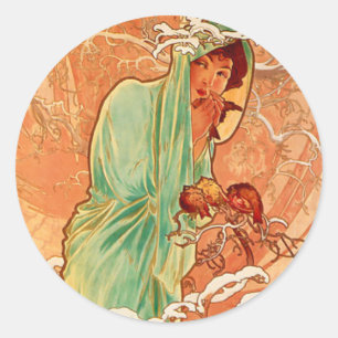 Adesivo Redondo Alphonse Mucha Art Nouveau Winter
