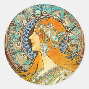 Adesivo Redondo Alphonse Mucha Art Nouveau Zodiac