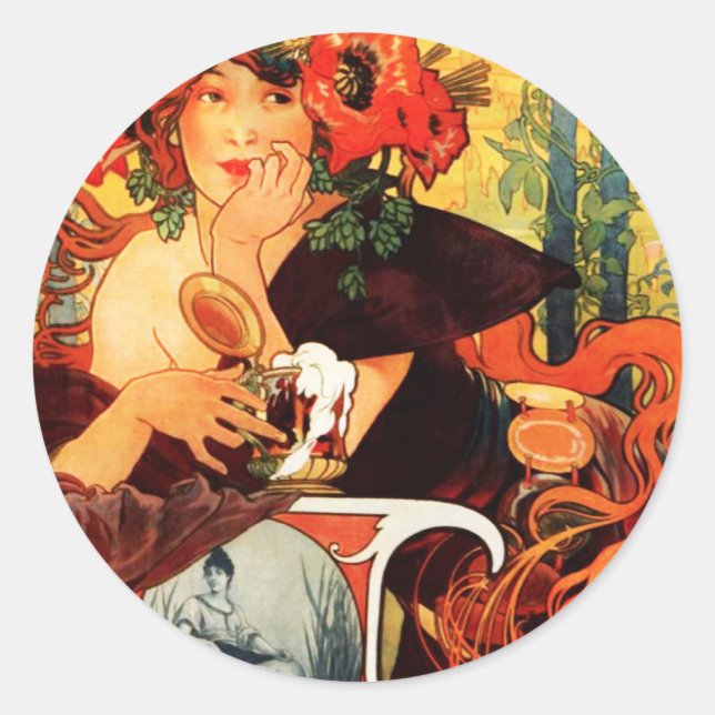 Adesivo Redondo Alphonse Mucha Beer dos Stickers (Frente)