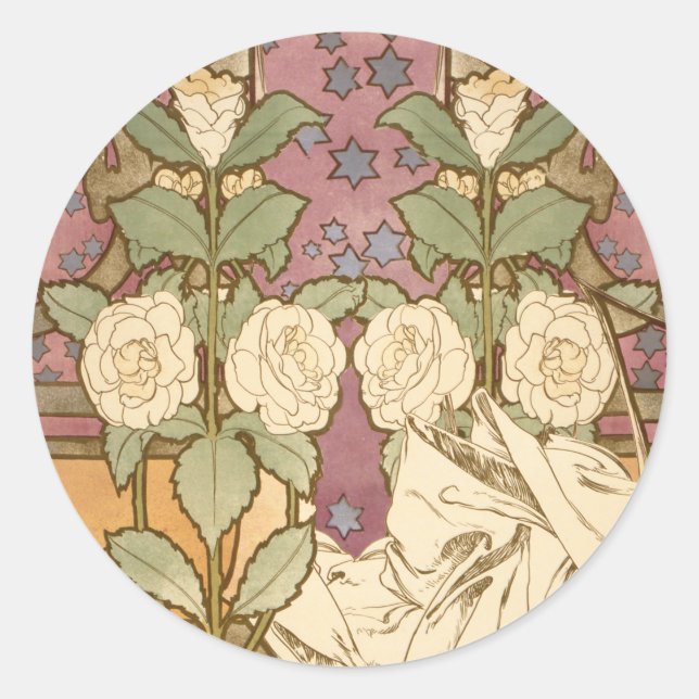 Adesivo Redondo Alphonse Mucha Elegant Art Nouveau Stars Camellia  (Frente)