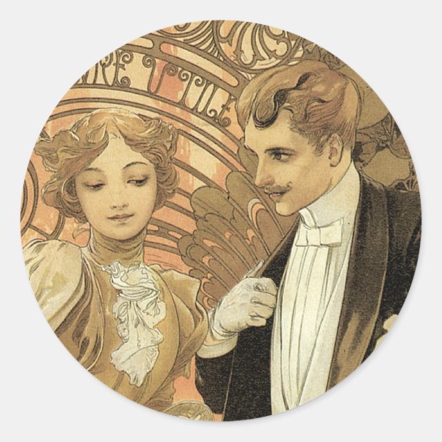 Adesivo Redondo Alphonse Mucha "Flirt" (Frente)