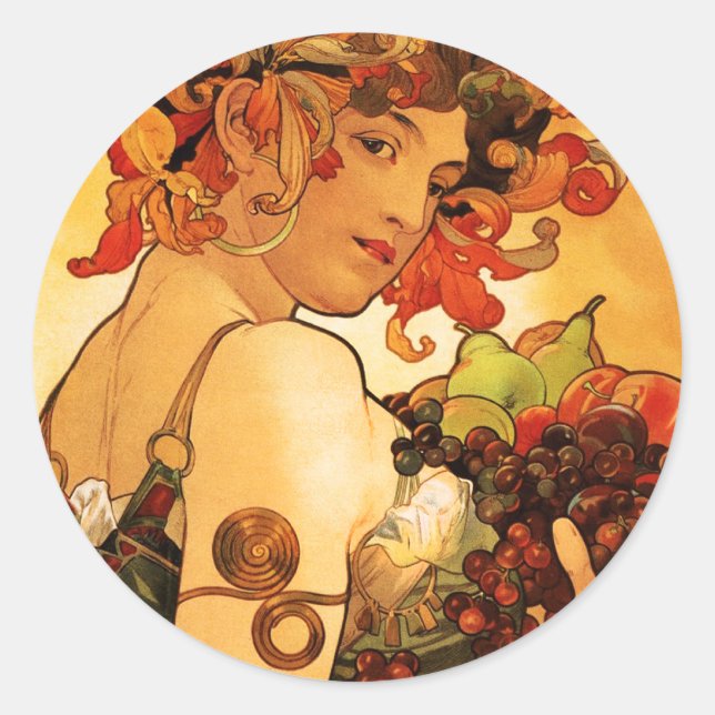 Adesivo Redondo Alphonse Mucha Fruta Stickers (Frente)