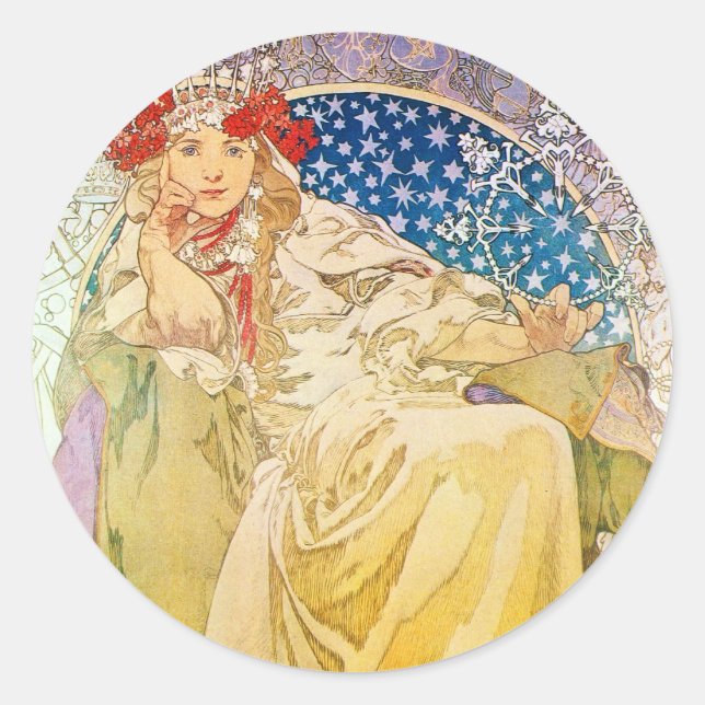 Adesivo Redondo Alphonse Mucha Goddese (Frente)
