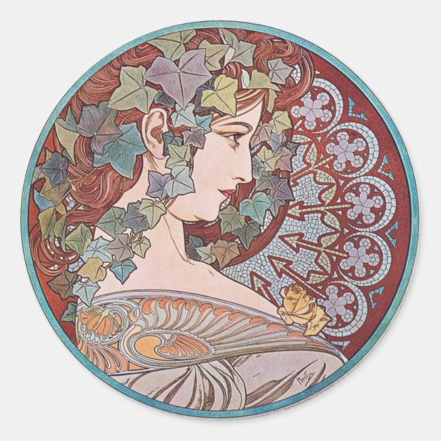 Adesivo Redondo Alphonse Mucha Ivy Art Nouveau Stickers (Frente)