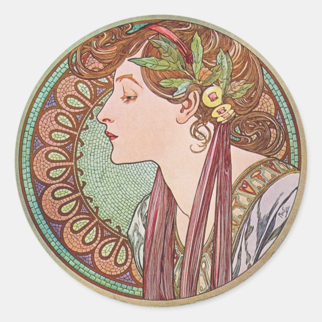 Adesivo Redondo Alphonse Mucha Laurel Art Nouveau Stickers (Frente)
