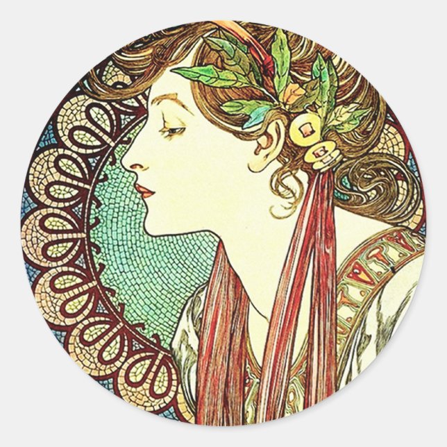 Adesivo Redondo Alphonse Mucha Laurel Stickers (Frente)