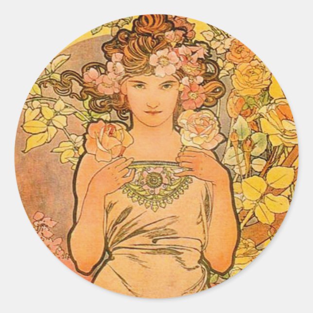 Adesivo Redondo Alphonse Mucha Os Rosa Stickers (Frente)