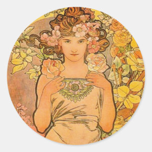 Adesivo Redondo Alphonse Mucha Os Rosa Stickers