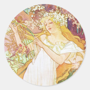 Adesivo Redondo Alphonse Mucha Primavera Floral Vintage Art Nouvea