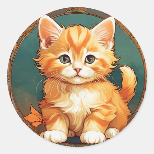 Adesivo Redondo Alphonse Mucha Style Orange Cat (Frente)