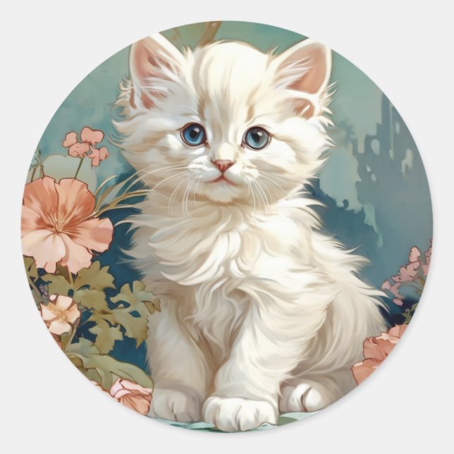 Adesivo Redondo Alphonse Mucha Style White Cat (Frente)