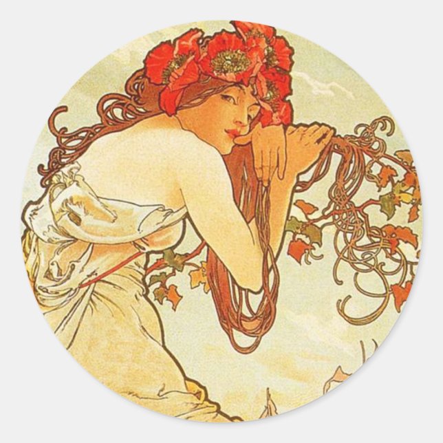 Adesivo Redondo Alphonse Mucha Summer Stickers (Frente)