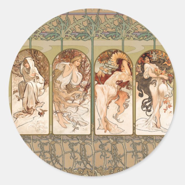 Adesivo Redondo Alphonse Mucha The Seasons 1897 Art Nouveau (Frente)