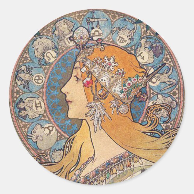 Adesivo Redondo Alphonse Mucha , “Zodiac” (Frente)
