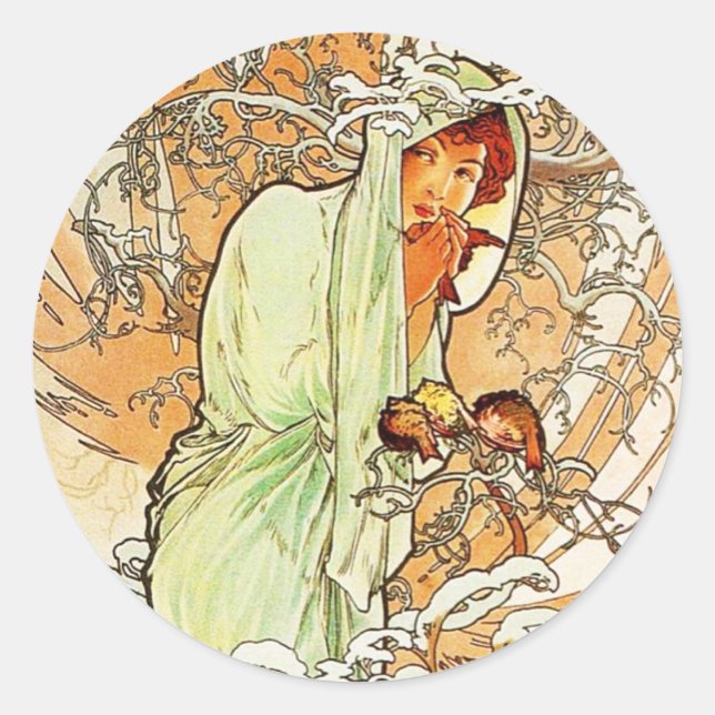 Adesivo Redondo Alpohnse Mucha Winter Stickers (Frente)