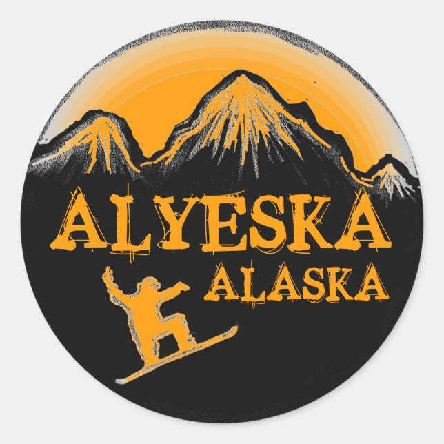 Adesivo Redondo Alyeska Alaska Snowboarder em laranja (Frente)