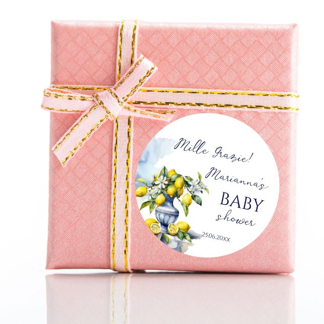 Adesivo Redondo Amalfi - chá de fraldas de limão azul italiano (Amalfi Italian vintage ceramic blue vase lemon baby shower thank you favor Classic Round Sticker)