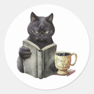 Adesivo Redondo Amante de Livros Gato Preto Verme de Livros Café L