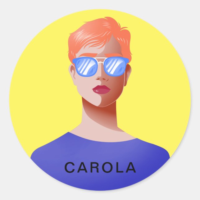 Adesivo Redondo Amarelo-chico e mulher clássica (Frente)