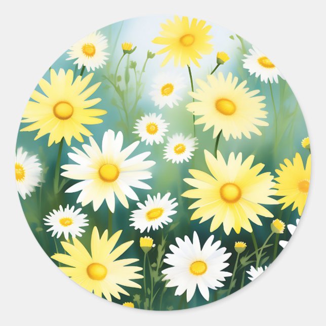 Adesivo Redondo Amarelo Daisies Meadow Watercolor (Frente)