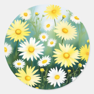 Adesivo Redondo Amarelo Daisies Meadow Watercolor