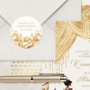 Adesivo Redondo Amarelo Dourado Floral Elegante Quinceanera