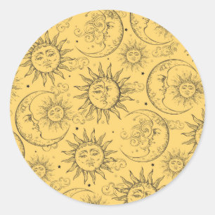Adesivo Redondo Amarelo Mágico Vintage Sol Lua Estrelas Celestiais