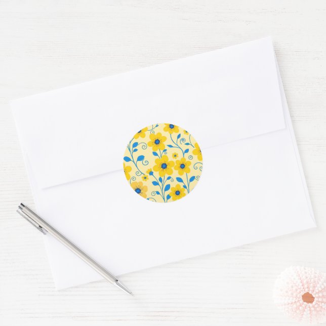 Adesivo Redondo Amarelo-Manteiga e Floral Azul (Envelope)