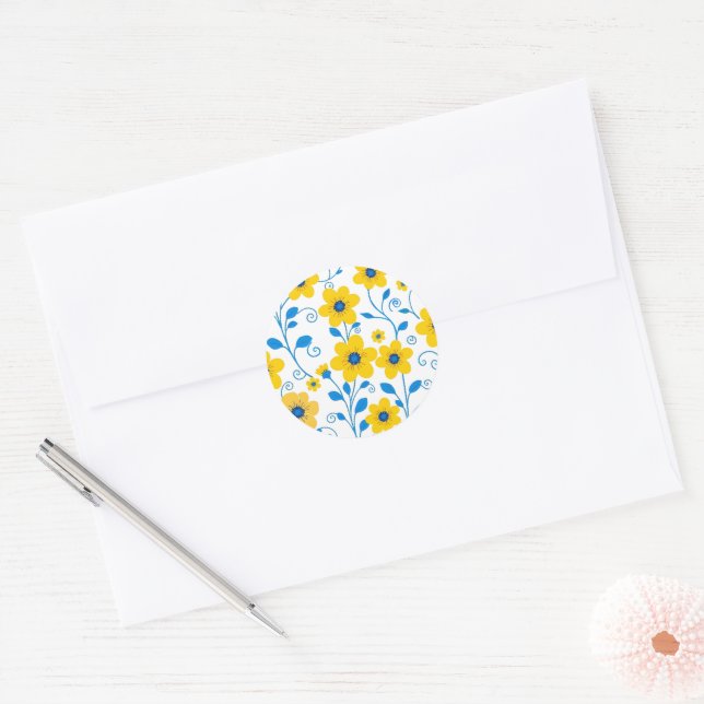 Adesivo Redondo Amarelo-Manteiga e Floral Azul (Envelope)