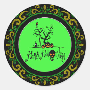 Adesivo Redondo Amarelo Verde Feliz Halloween Grave Yard