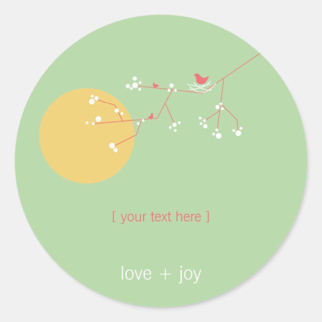 Adesivo Redondo Amarrando Família De Aves Em Ramais Chá de fraldas (Frente)