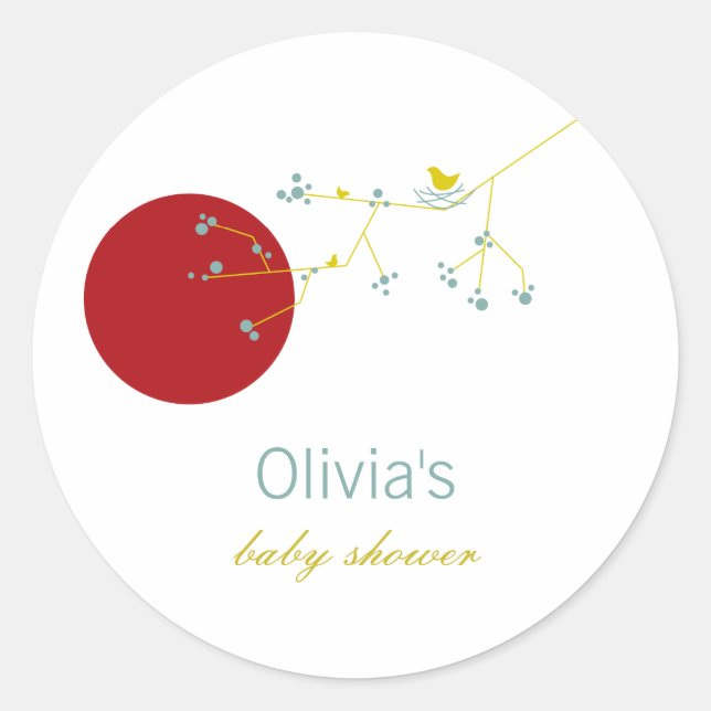 Adesivo Redondo Amarrando Família De Aves Em Ramais Chá de fraldas (Frente)