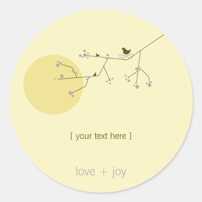 Adesivo Redondo Amarrando Família De Aves Em Ramais Chá de fraldas (Frente)