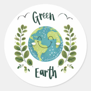 Adesivo Redondo Ambiente mundial - Terra sorridente com Terra Verd