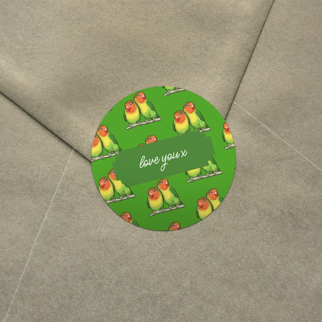 Adesivo Redondo Ame você x Adicionar seu texto Lovebird Namorados (Criador carregado)