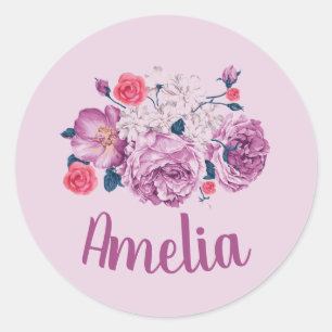 Adesivo Redondo Amelia Nome Floral Personalizado Flor Rosa Menina