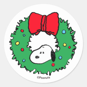 Adesivo Redondo Amendoins Coroa e Laço de Natal do Snoopy