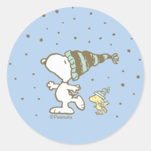 Adesivo Redondo Amendoins   Snoopy e Woodstock Patinação de Invern