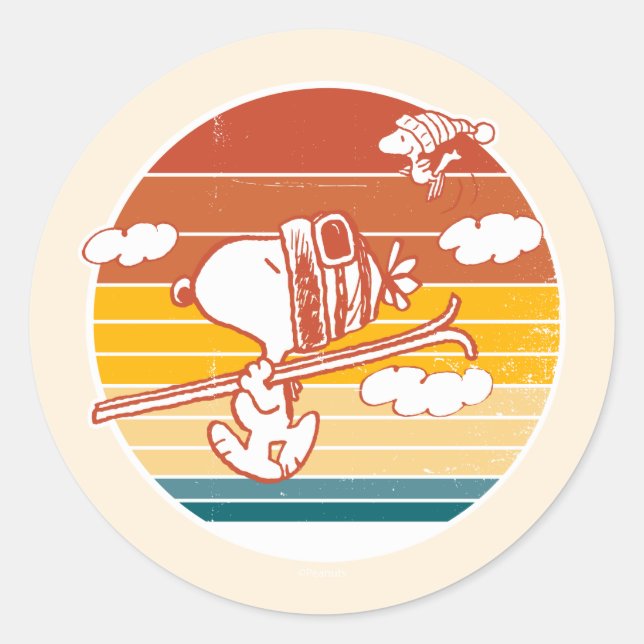 Adesivo Redondo Amendoins | Triagem de Esqui de Snoopy & Woodstock (Frente)