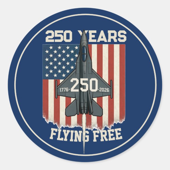 Adesivo Redondo America 250 Years Flying Free Jet - 1776-2026  (Frente)