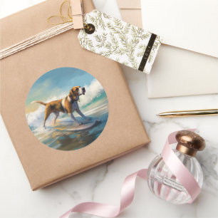 Adesivo Redondo American Engligh Foxhound Beach Surfing Painting