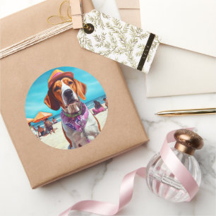 Adesivo Redondo American English Foxhound on Beach, presente de ve