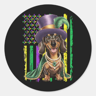 Adesivo Redondo American Flag Mardi Gras Dachshund Dog Festival Lo