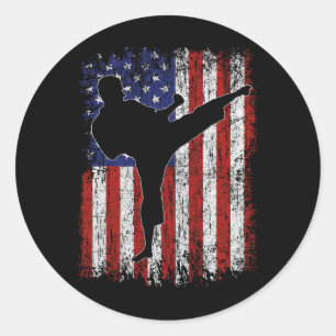 Adesivo Redondo American Flag Usa High Kick Karate Silhouter Patr