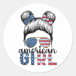 Adesivo Redondo American Girl 4 de Julho Coque Desgrenhado Bandeir