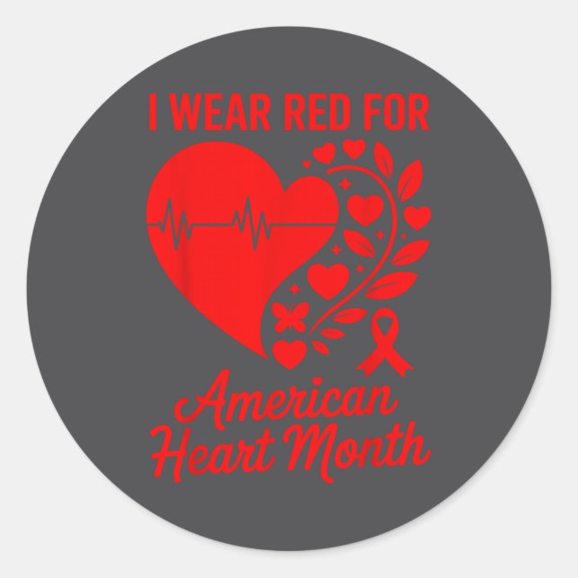 Adesivo Redondo American Heart Disease Awareness Month Ribbon Red  (Frente)