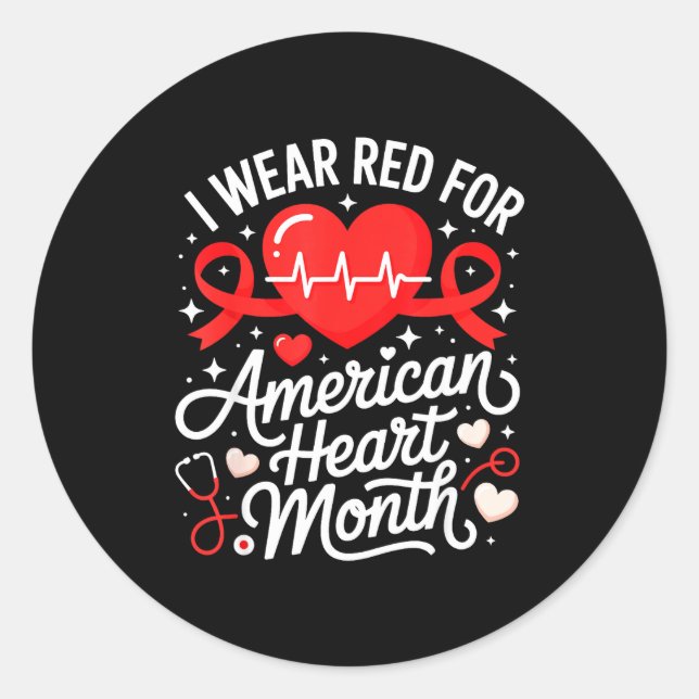 Adesivo Redondo American Heart Disease Awareness Month Ribbon Red  (Frente)