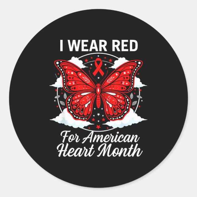 Adesivo Redondo American Heart Disease Awareness Month Ribbon Red  (Frente)