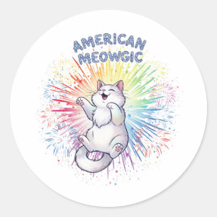 Adesivo Redondo American Meowgic - Sparly Cat & Rainbow Fireworks