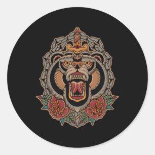 Adesivo Redondo American Traditional Tattoo Flash Bear Old School